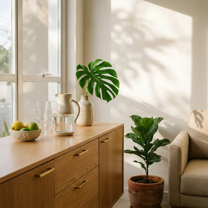 Cantinho de café e água na recepção, com plantas e luz da manhã
