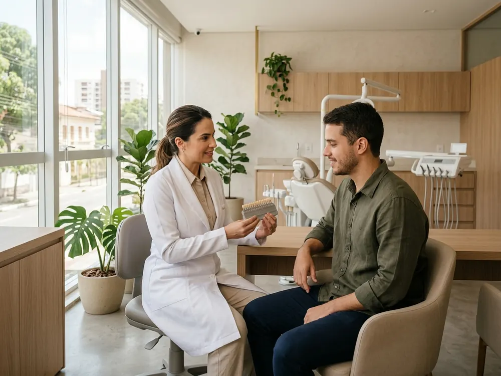 Dentista conversa com um paciente no consultório antes do atendimento