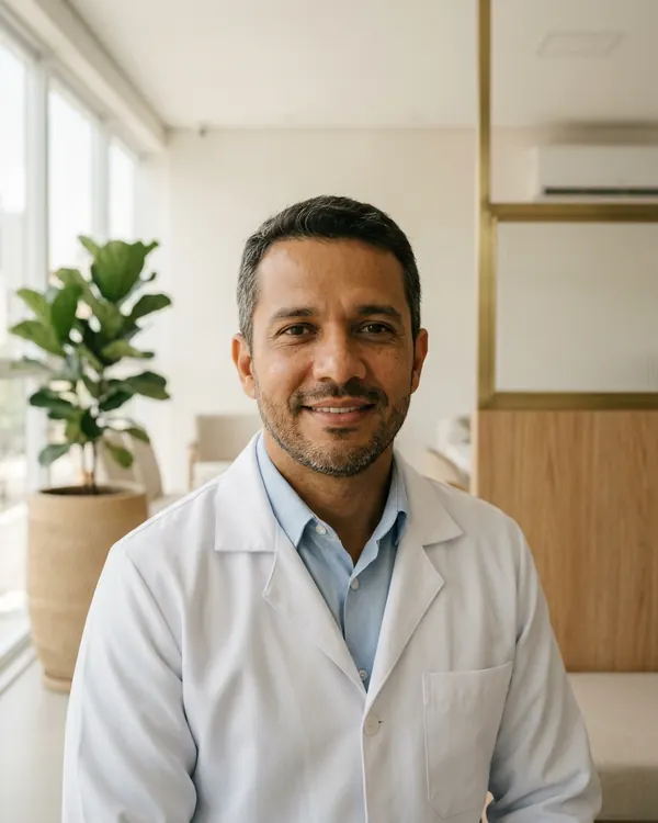 Retrato do Dr. Rafael Moreira, de jaleco branco, no consultório
