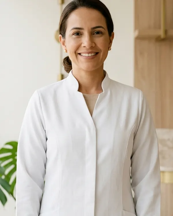 Retrato da Dra. Camila Andrade, de jaleco branco, no consultório