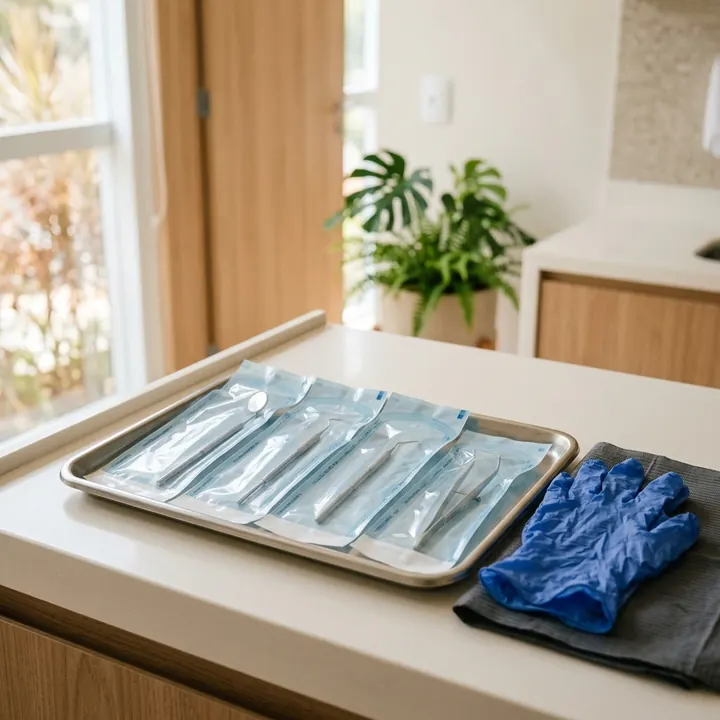 Bandeja com instrumentos esterilizados e embalados e luvas sobre a bancada