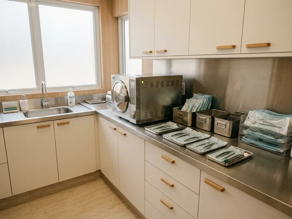 Sala de esterilização com autoclave e instrumentos embalados na bancada