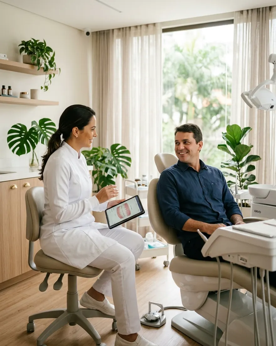 Dentista conversa com um paciente sentado na cadeira do consultório, com janelas amplas e plantas ao fundo