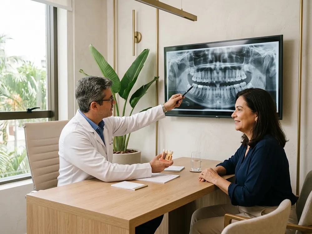 Dentista mostra uma radiografia panorâmica na tela para a paciente