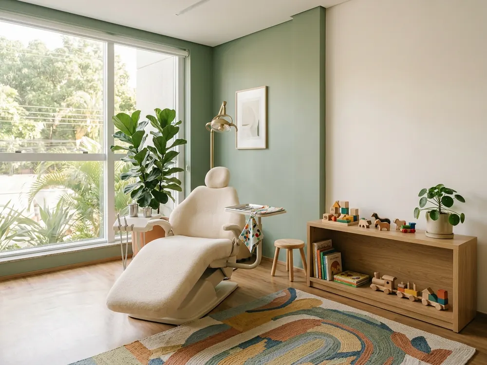 Sala de atendimento infantil com cadeira, tapete colorido e brinquedos na estante