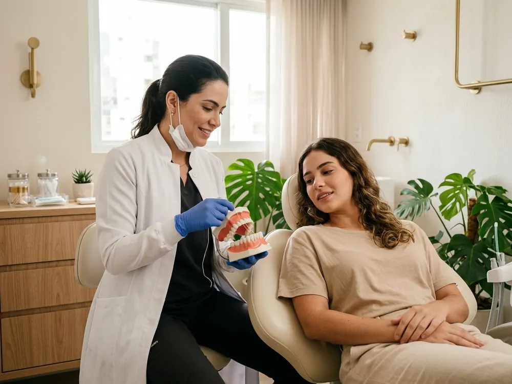 Dentista mostra num modelo de arcada como escovar, com a paciente na cadeira