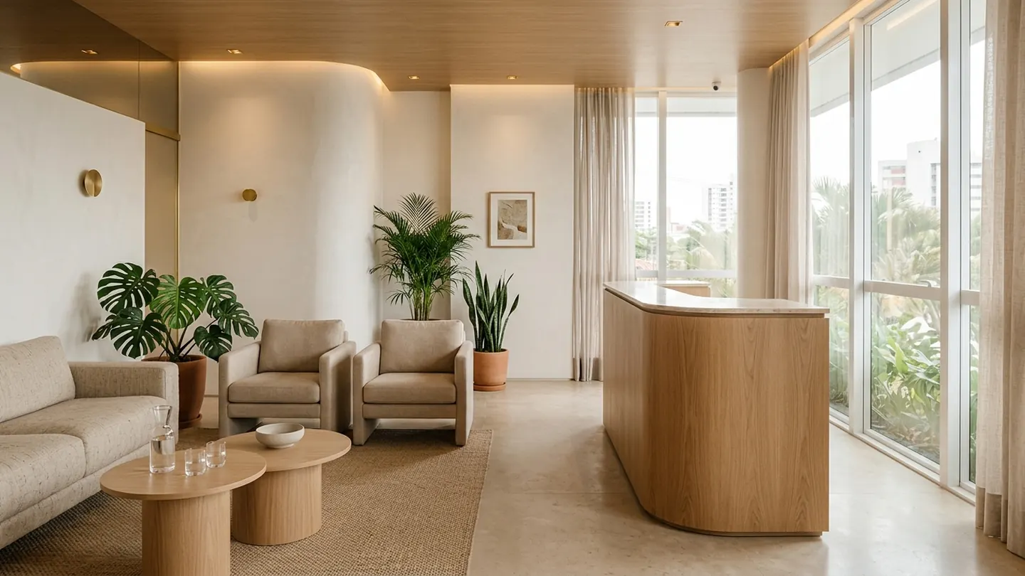 Recepção da clínica com sofá, poltronas, balcão de madeira clara e luz natural